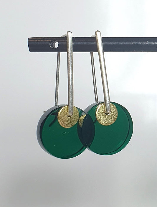 Bottle green perspex earrings on rectangular silver drop and with textured gold moon #BarbaraSpenceJewellery