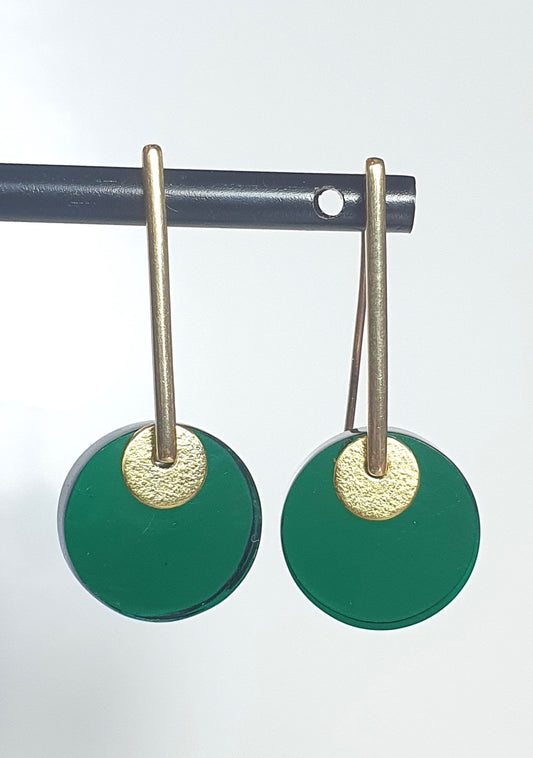 Bottle green perspex earrings on rectangular gold drop and with textured gold moon #BarbaraSpenceJewellery