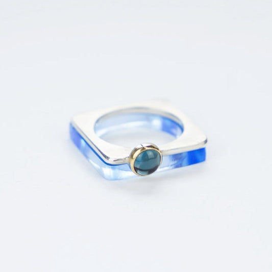Square silver ring with 6mm London blue topaz, with Neptune perspex ring. Barbara Spence Jewellery 