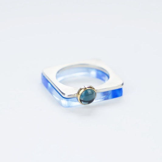Square silver ring with 6mm London blue topaz, with Neptune perspex ring. Barbara Spence Jewellery