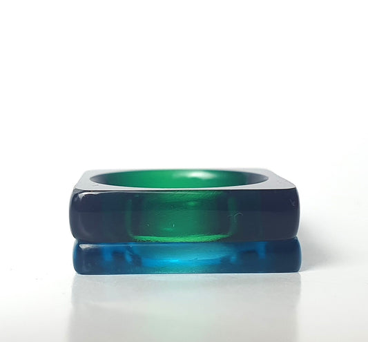 Square rings in bottle green and azure perspex #BarbaraSpenceJewellery