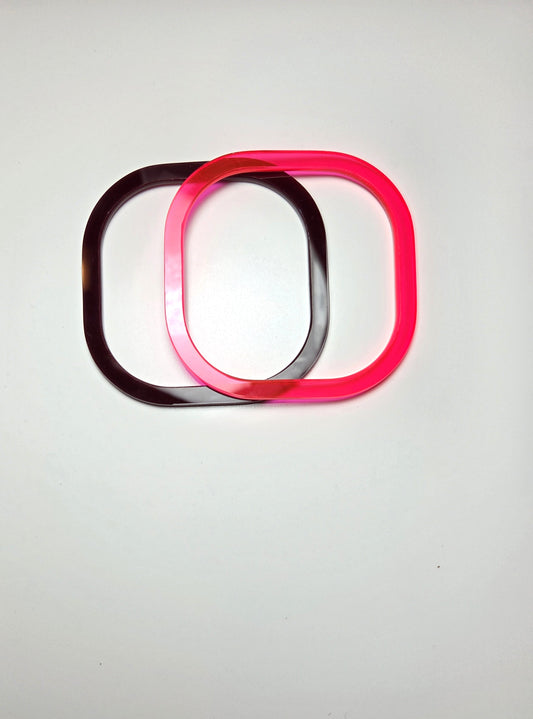 Chocolate brown and Fluorescent pink square bangles. barbaraspence.co.uk