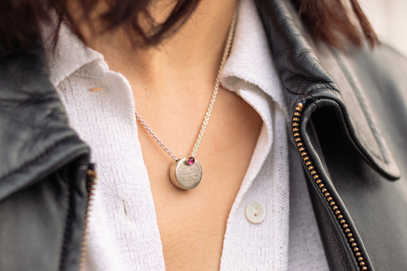 Midcentury moon locket with pink tourmaline, modelled by Holly www.barbaraspence.co.uk