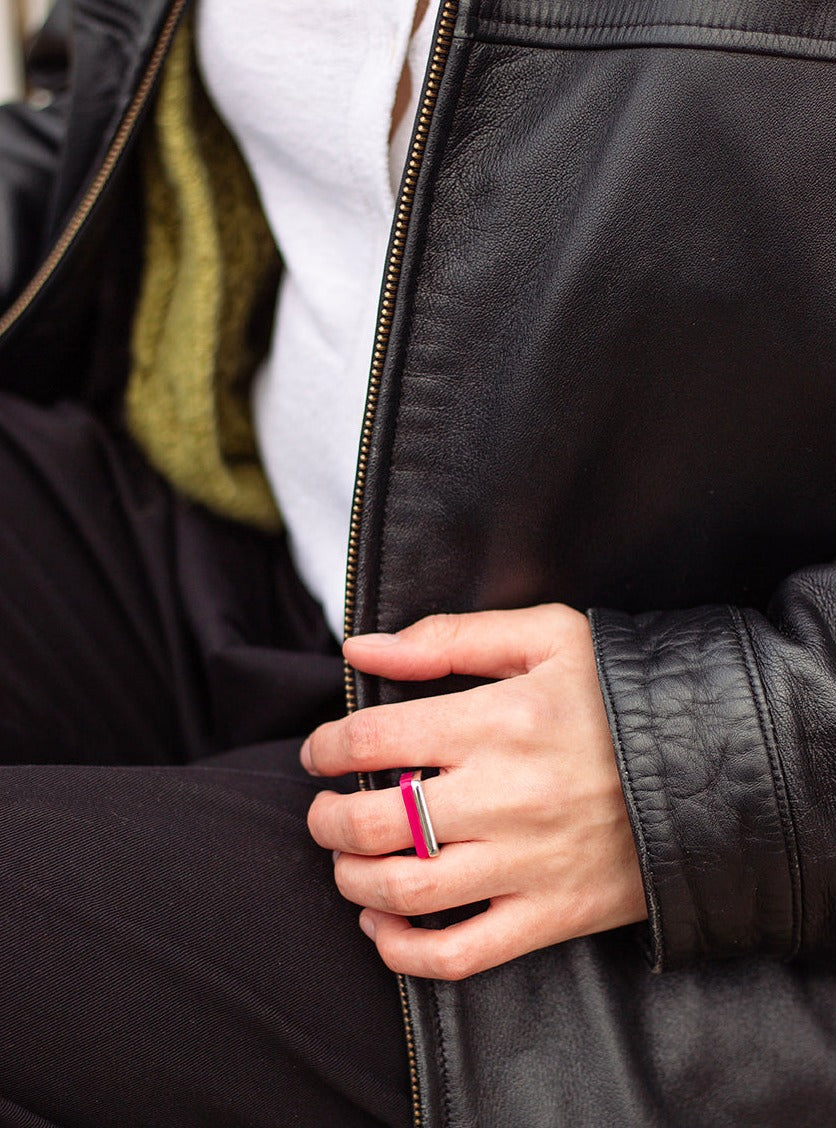 Square stacking rings in thick silver and pink perspex, modelled by Holly www.barbaraspence.co.uk