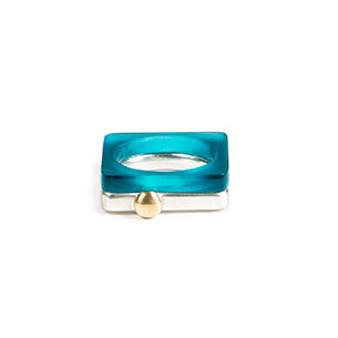 Square ring in silver with gold ball stacked with azure perspex www.barbaraspence.co.uk