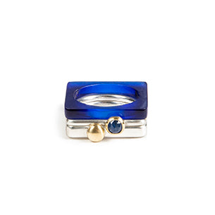 Square ring in silver with gold ball stacked with slim silver ring with rosecut sapphire and sapphire perspex ring www.barbaraspence.co.uk