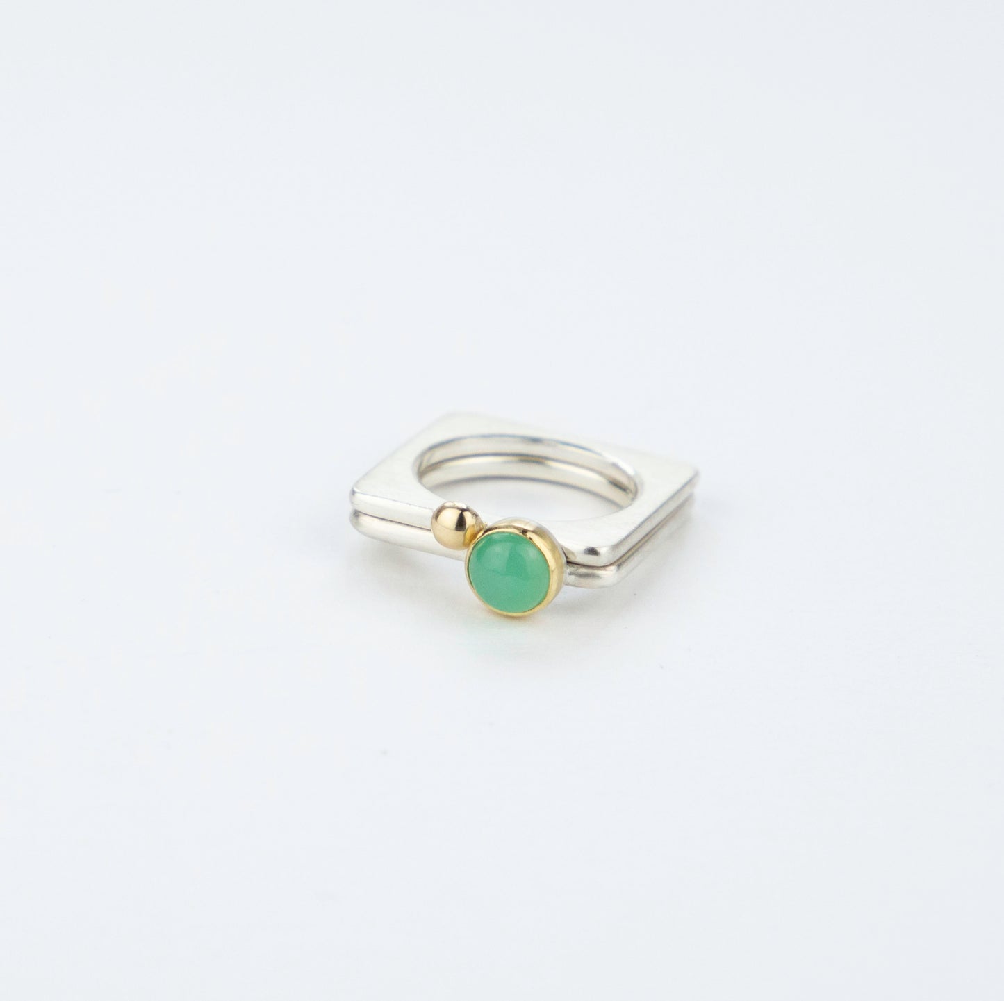 Square silver ring with gold ball together with ring with Chrysoprase #BarbaraSpenceJewellery