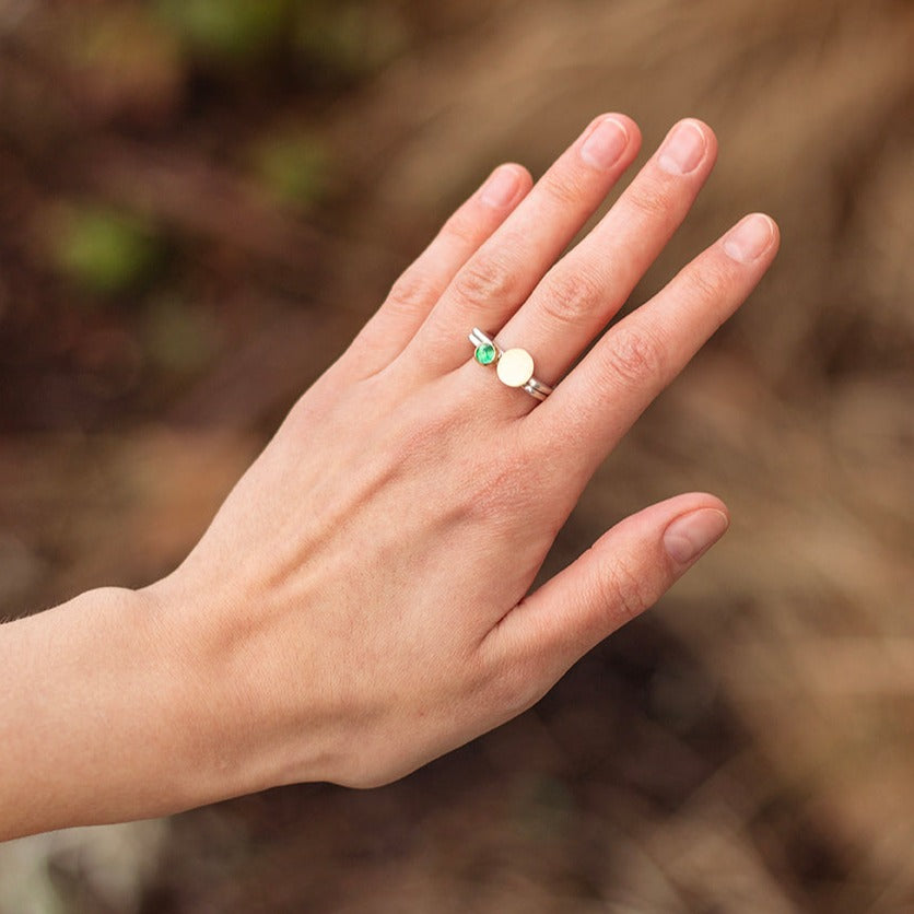 Square ring with gold moon and square ring with emerald www.barbaraspence.co.uk