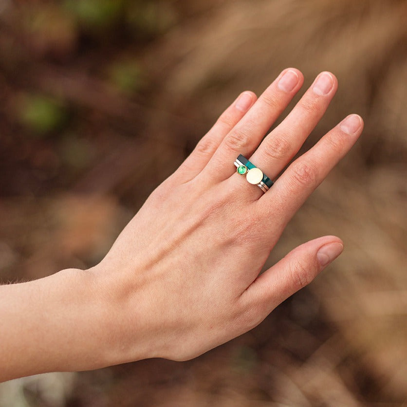 Set of square stacking rings: silver with emerald and gold moon, and azure perspex ring  www.barbaraspence.co.uk