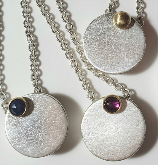 Midcentury moon lockets with rosecut sapphire, gold ball and amethyst www.barbaraspence.co.uk