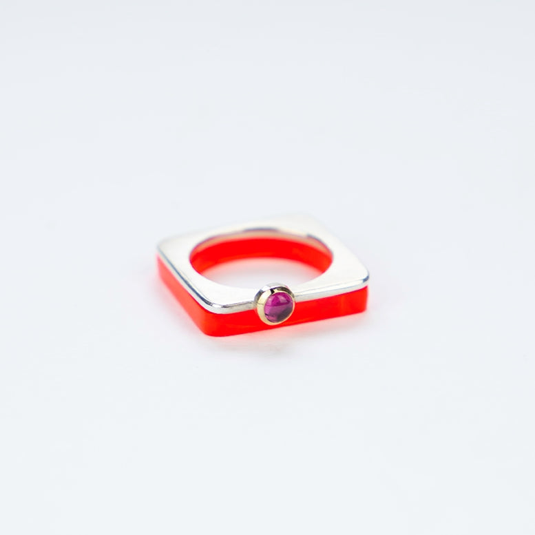 Square ring in fluorescent Mars red perspex with  silver ring with pink tourmaline www.barbaraspence.co.uk