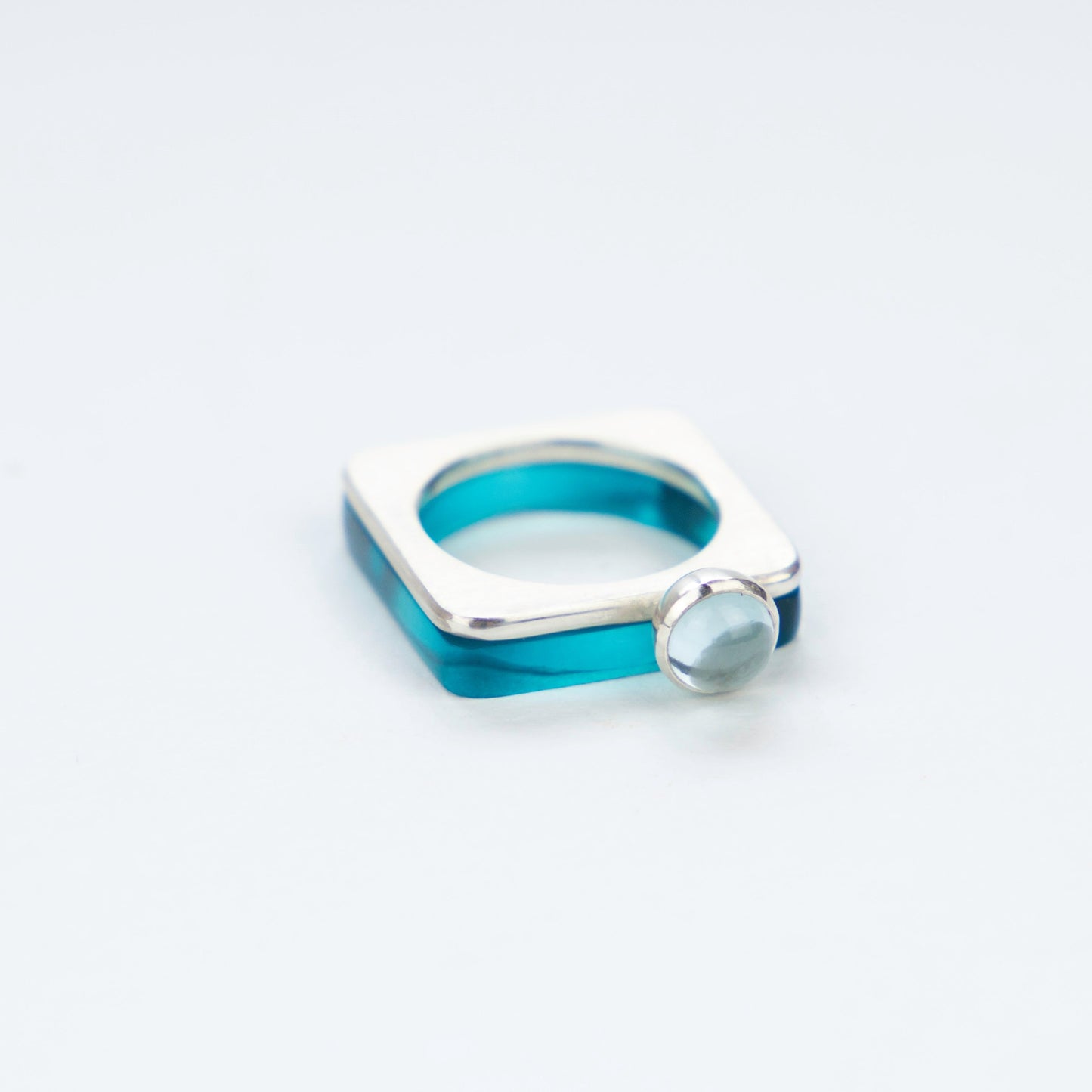 Square silver ring with pale topaz and azure perspex ring www.barbaraspence.co.uk