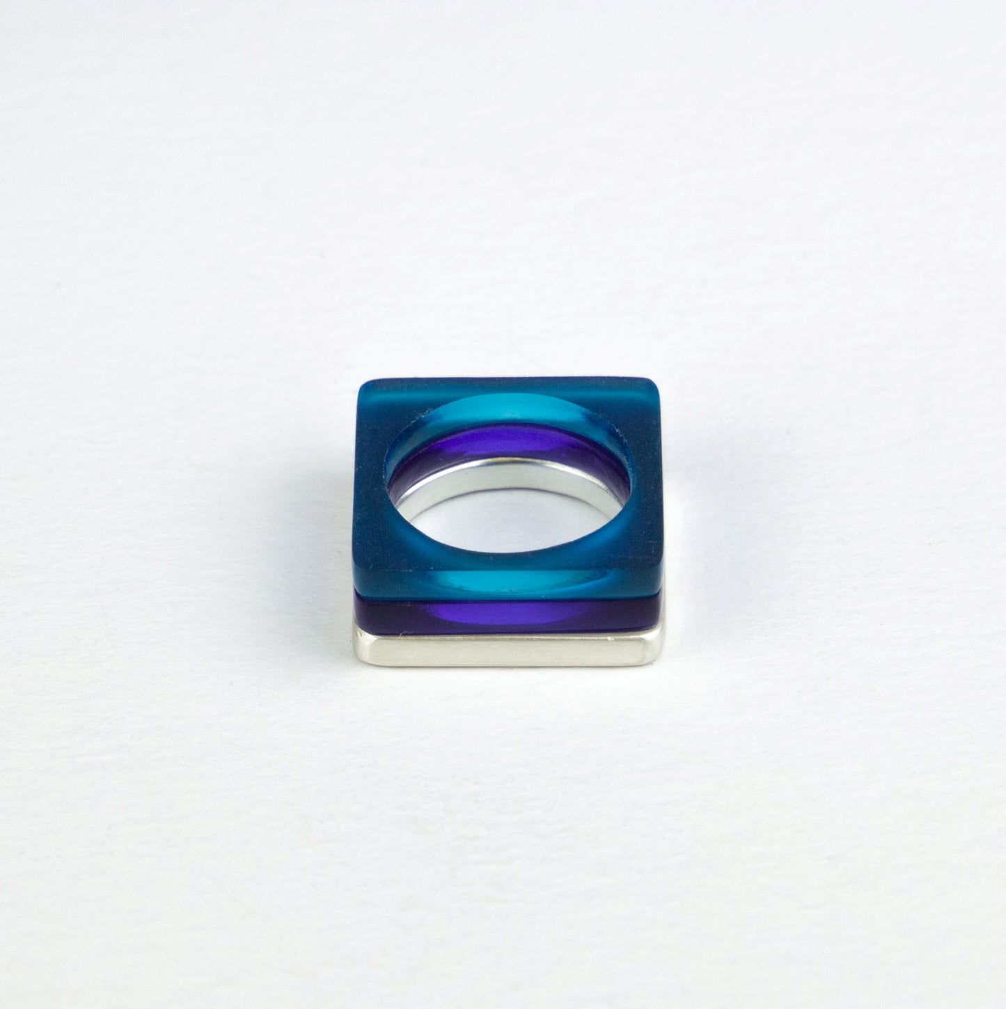 Modern square ring in heavy silver with sapphire and azure perspex www.barbaraspence.co.uk