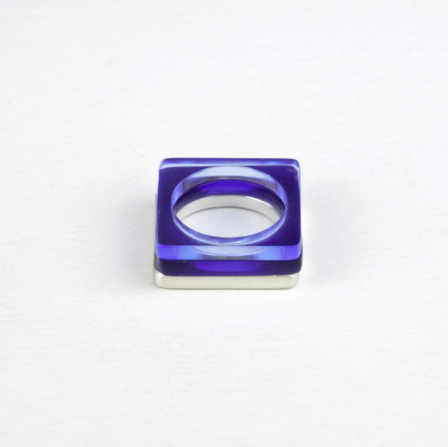 Modern square ring in heavy silver with sapphire and neptune perspex www.barbaraspence.co.uk