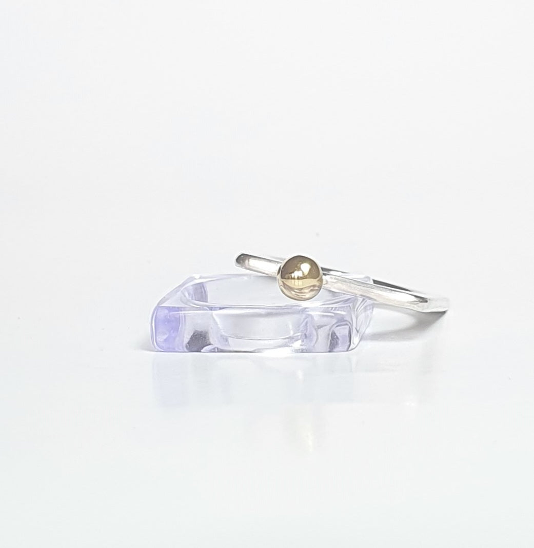 Violet perspex square stacking ring stacked with gold ball sil. barbara Spence Jewellery