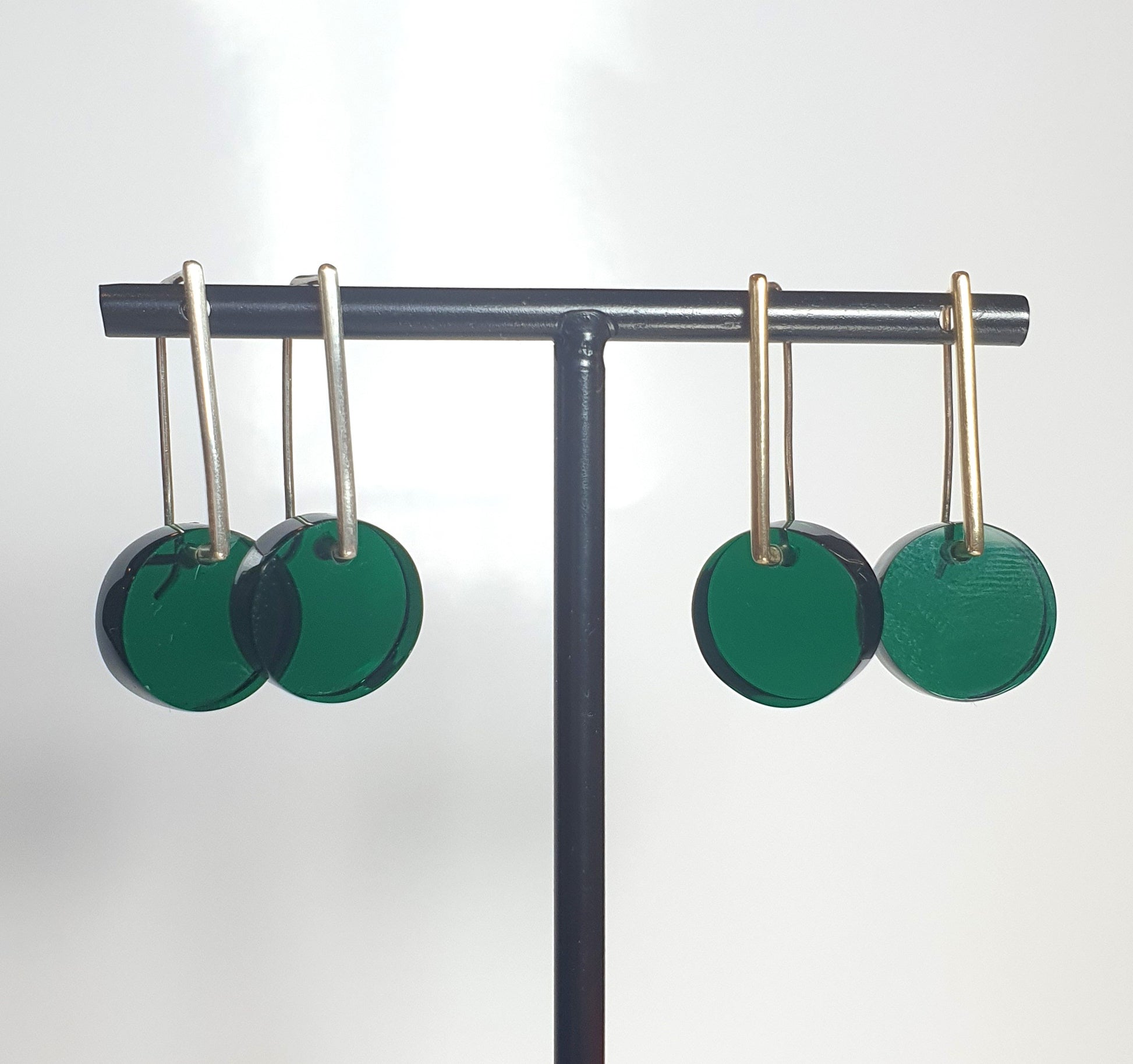 Plain bottle green perspex earrings on rectangular drops in silver or 9 ct gold #BarbaraSpenceJewellery 