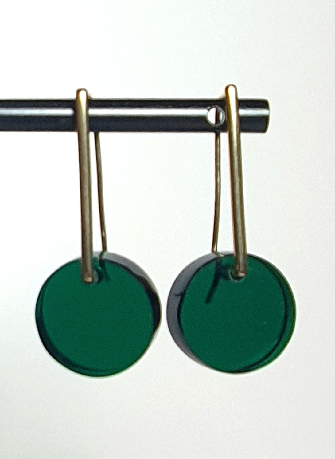 Bottle green perspex earrings on rectangular gold drop 
#BarbaraSpenceJewellery