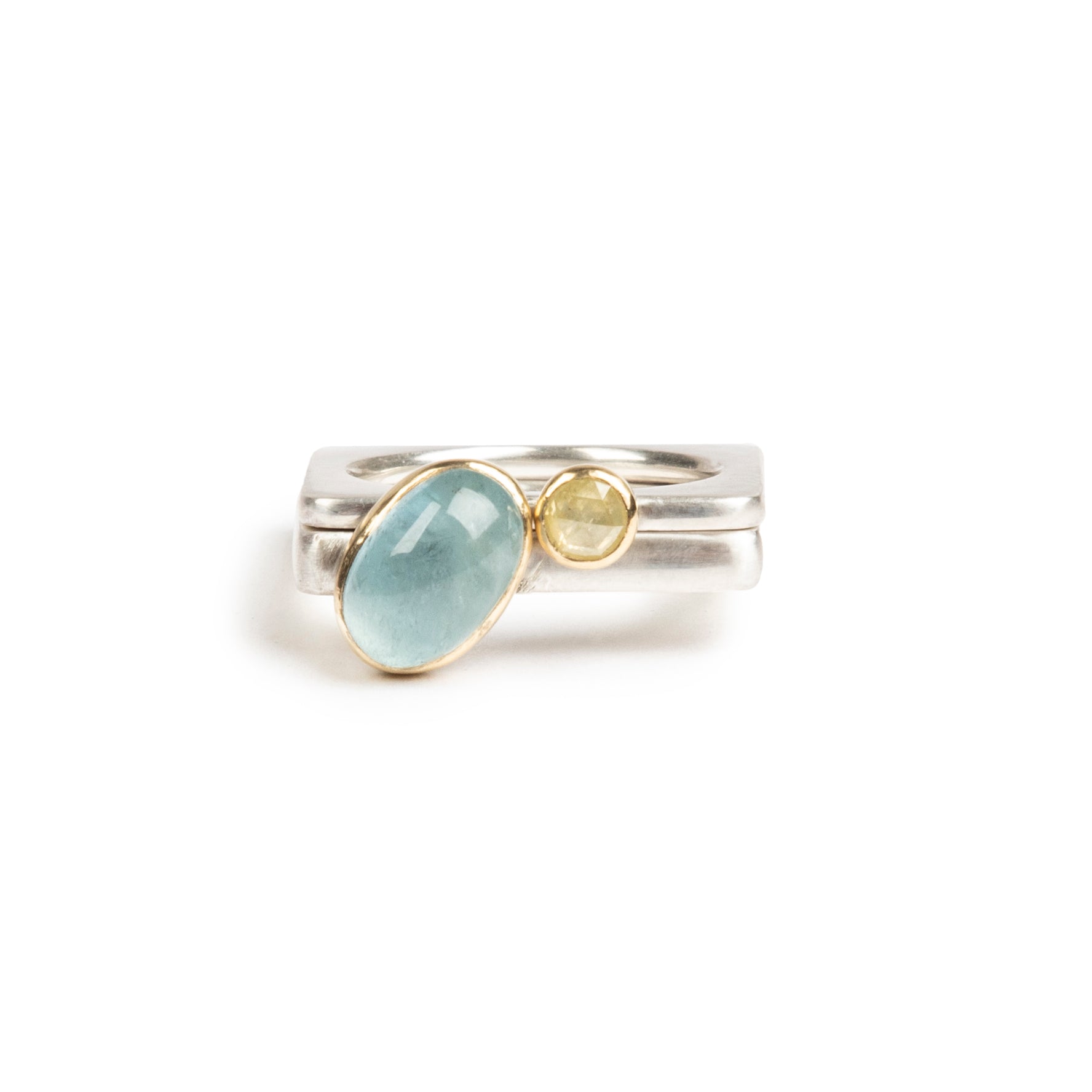 Thick silver ring with oval aquamarine and slim silver ring with diamond #barbaraspencejewellery