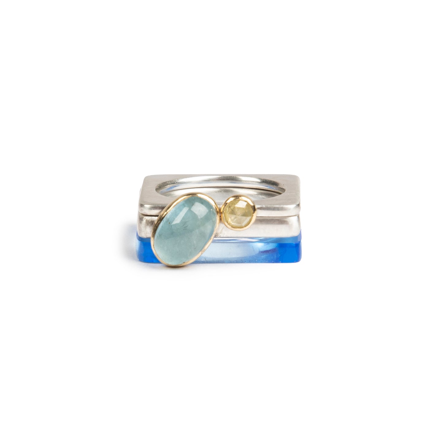 Thick silver ring with oval aquamarine and slim silver ring with diamond. Neptune perspex ring #barbaraspencejewellery