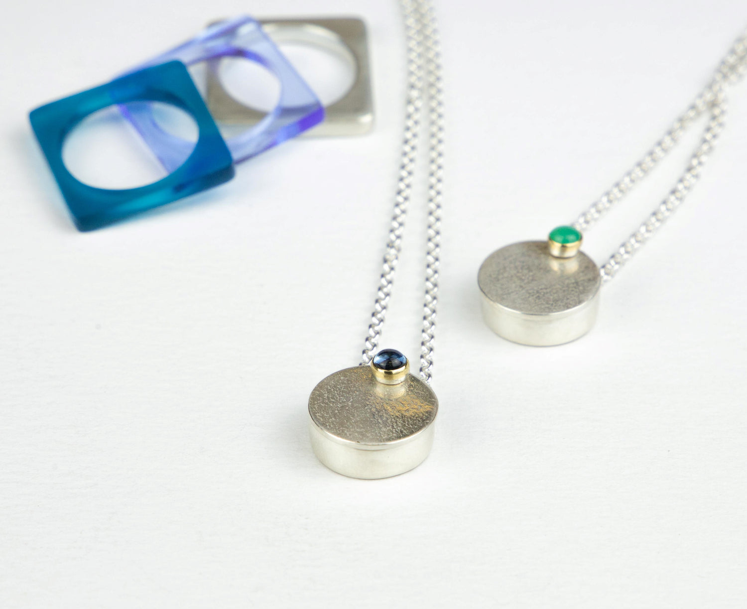 midcentury moon lockets and square stacking rings www.barbaraspence.co.uk