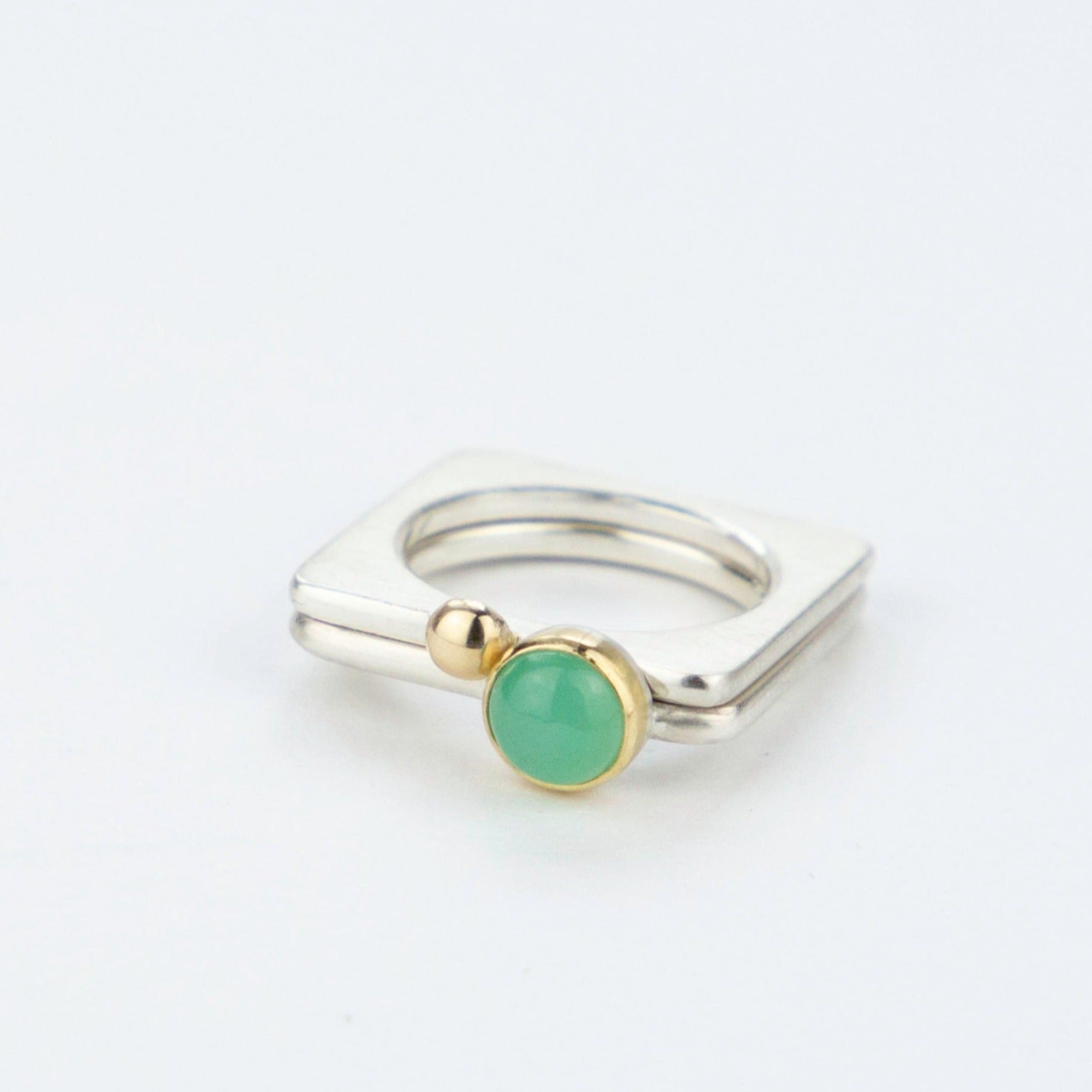 Square silver ring with 6mm chrysoprase stacked with ring with gold ball