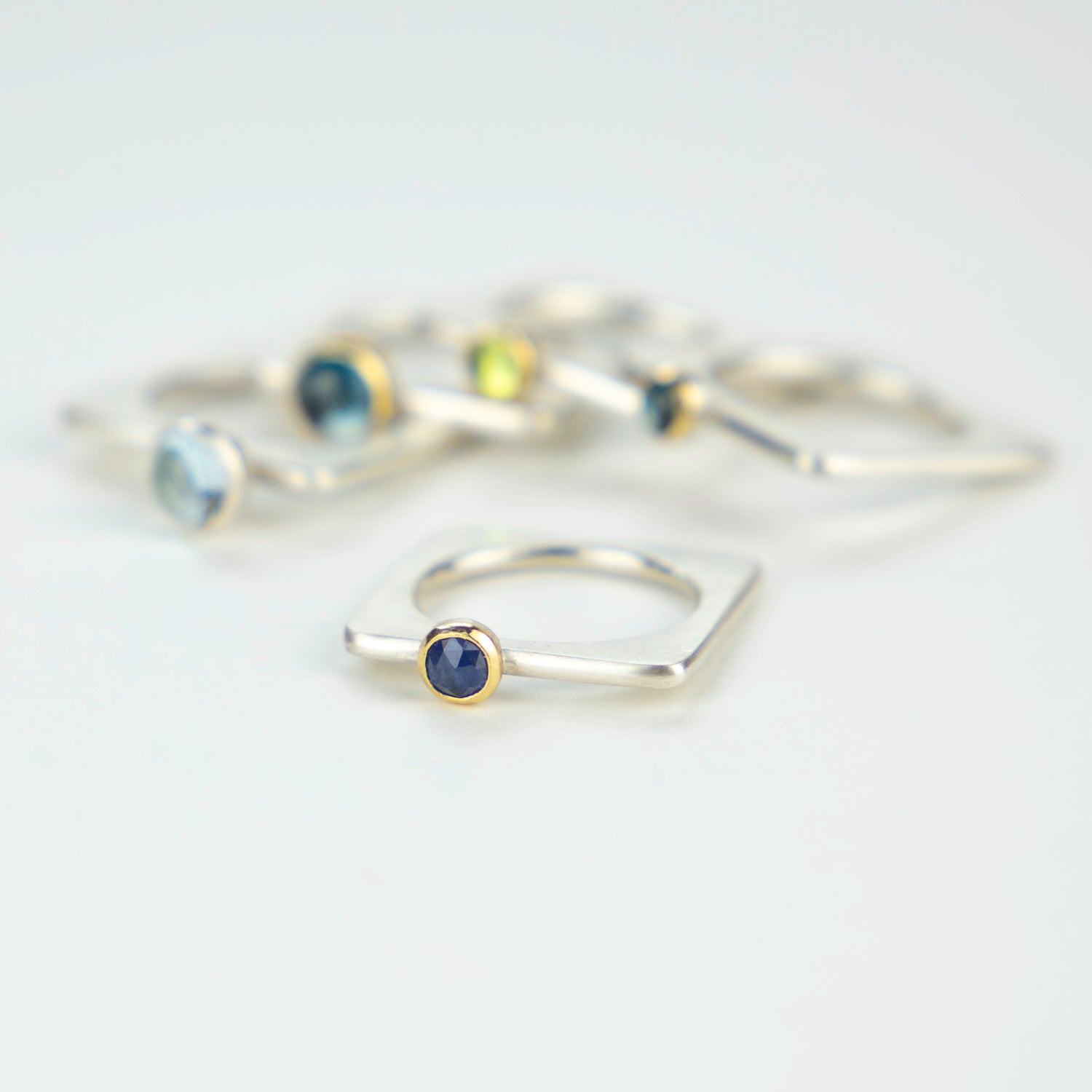 Sapphire ring and square stacking rings www.barbaraspence.co.uk