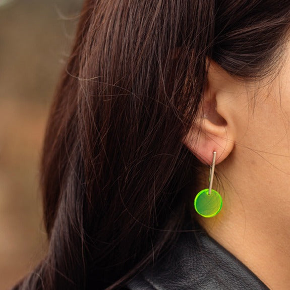 Perspex earrings in brightly coloured and fluorescent acrylic.