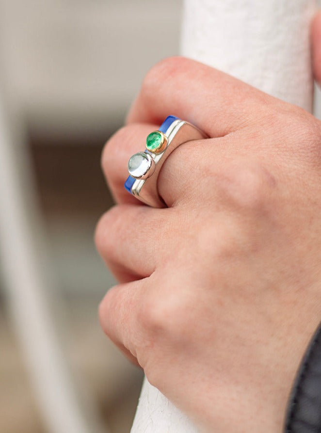 Set of square rings: silver with emerald and pale topaz, and Neptune perspex www.barbaraspence.co.uk