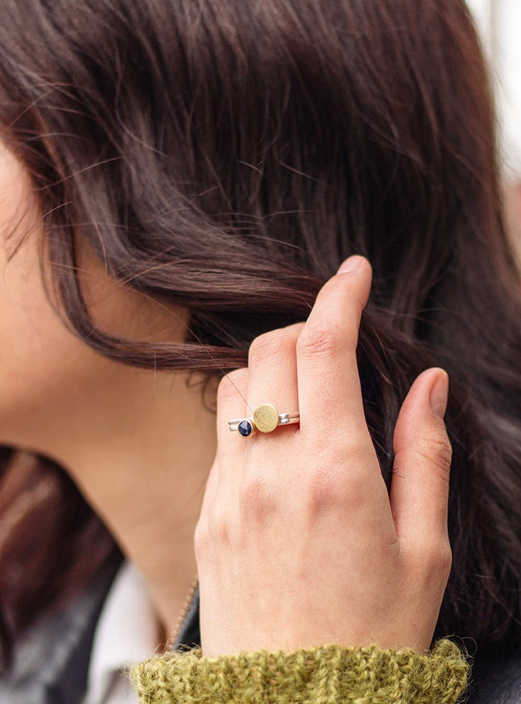 Set of square stacking rings with rosecut sapphire and gold moon, modelled by Holly www.barbaraspence.co.uk