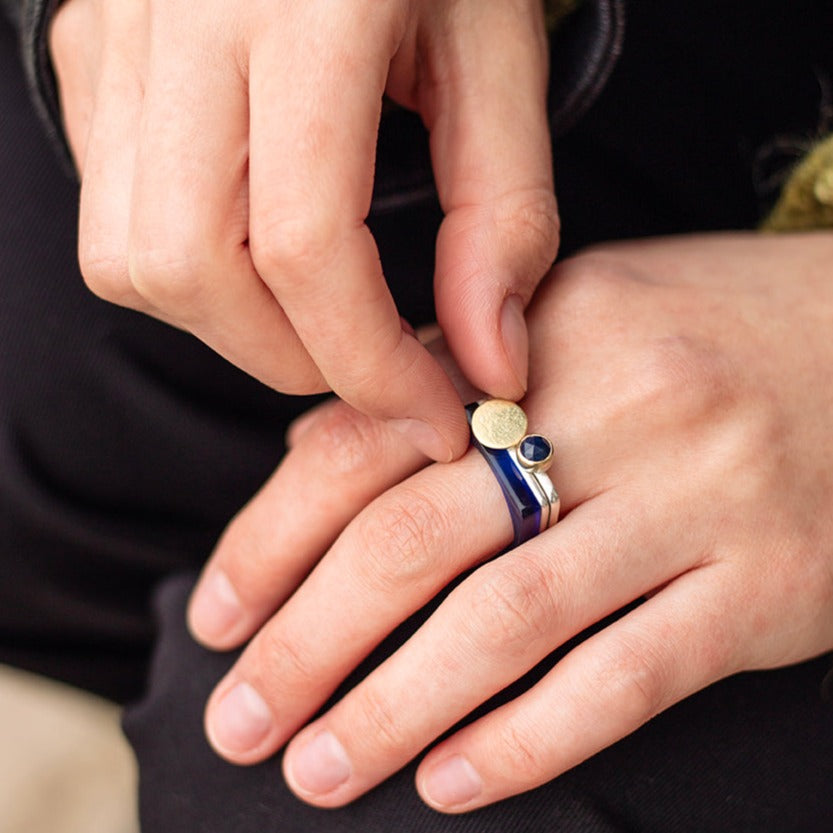 Set of square stacking rings: silver with rosecut sapphire and gold moon, and sapphire perspex. www.barbaraspence.co.uk