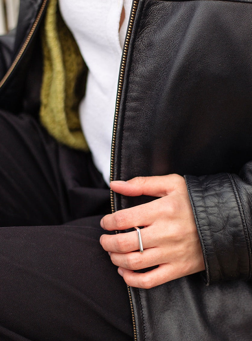 Square ring in thick silver, modelled by Holly www.barbaraspence.co.uk