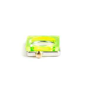 Square ring in acid green perspex stacked with heavy square silver ring with gold ball www.barbaraspence.co.uk