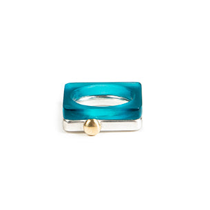 Square ring in azure perspex stacked with heavy silver ring with gold ball www.barbararspence.co.uk