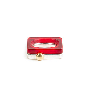 Square ring in silver with gold ball with red perspex www.barbaraspence.co.uk