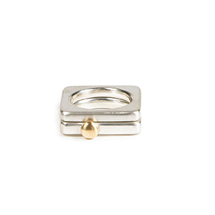 Square ring in silver with gold ball stacked with silver ring www.barbaraspence.co.uk
