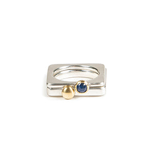 Square ring in silver with gold ball stacked with slim silver ring with rosecut sapphire www.barbaraspence.co.uk