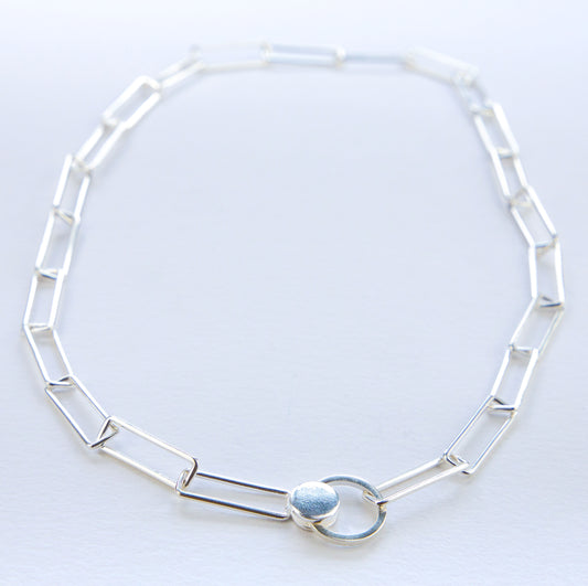 Orbit necklace with distinctive clasp in silver www.barbaraspence.co.uk