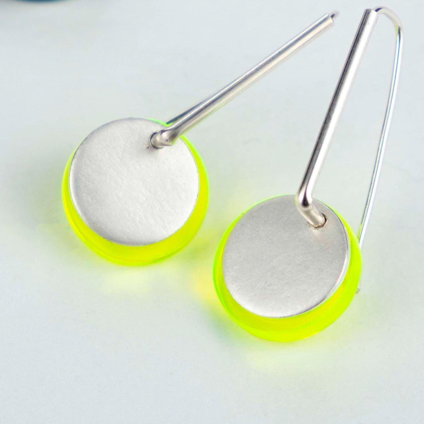 Silver and acid green perspex earrings www.barbaraspence.co.uk