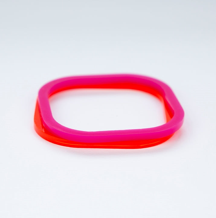 Square pink and Mars red acrylic bangles www.barbaraspence.co.uk