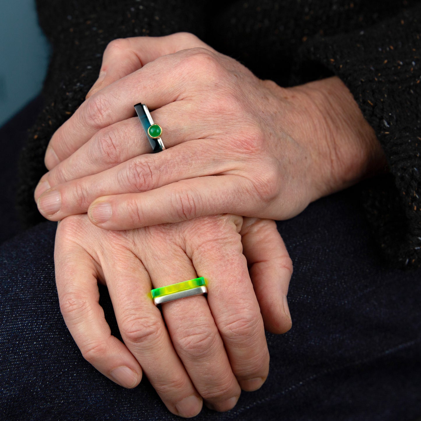 Modern square ring in heavy silver with acid green perspex ring www.barbaraspence.co.uk