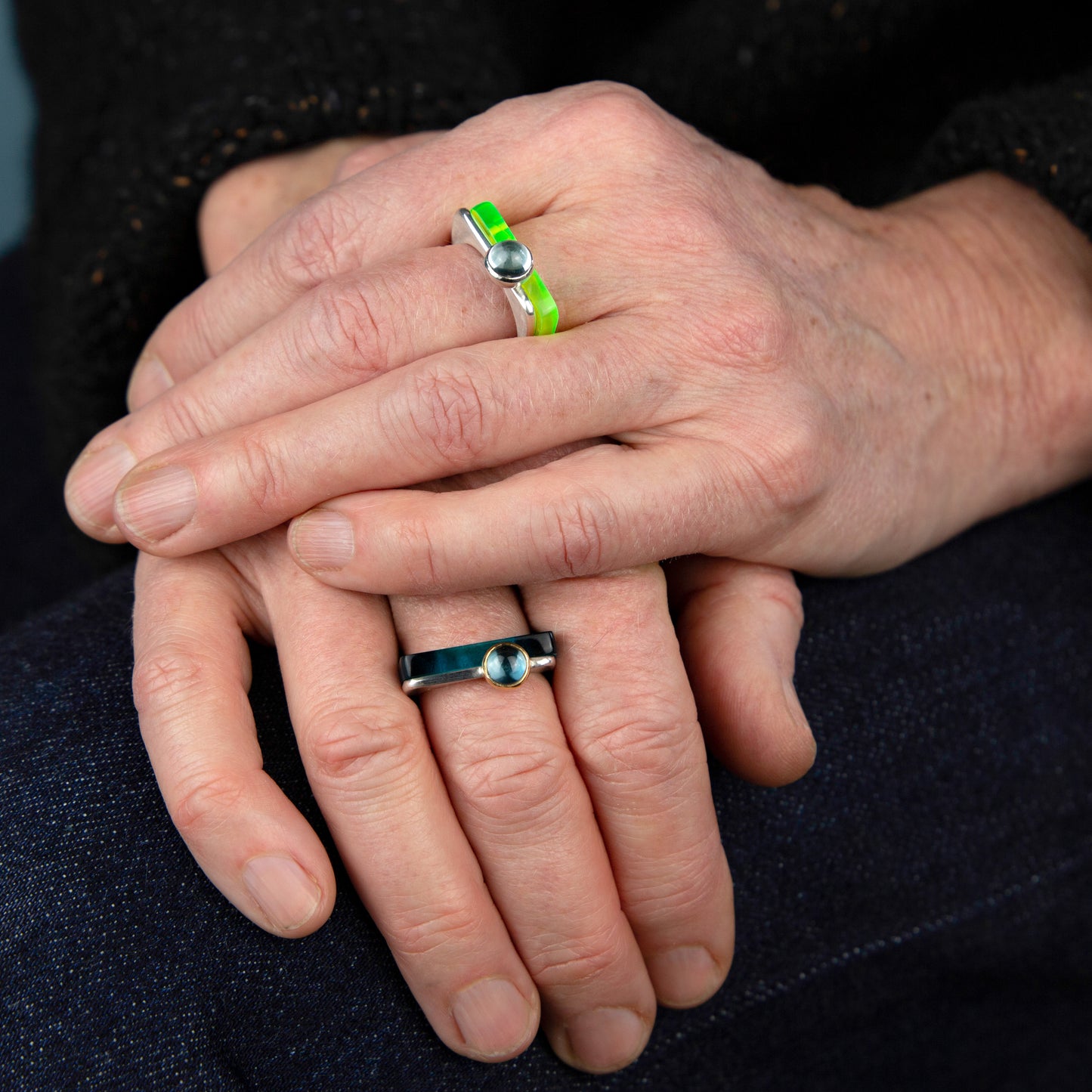 Square ring in acid green perspex stacked with square silver ring with topaz www.barbaraspence.co.uk