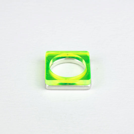 Modern square ring in heavy silver and acid green perspex ring www.barbaraspence.co.uk