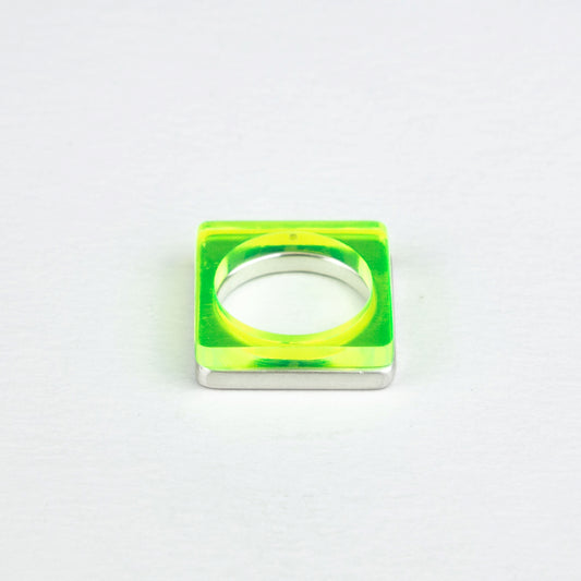 Modern square ring in heavy silver and acid green perspex ring www.barbaraspence.co.uk