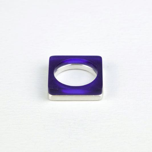 Square ring in deep blue sapphire perspex  stacked with heavy square silver ring www.barbaraspence.co.uk