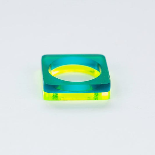 Square ring in acid green perspex stacked with azure perspexwww.barbaraspence.co.uk
